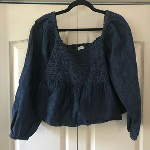 J. Crew Denim Smocked Peplum Blouse 3X Plus Puff Shoulder